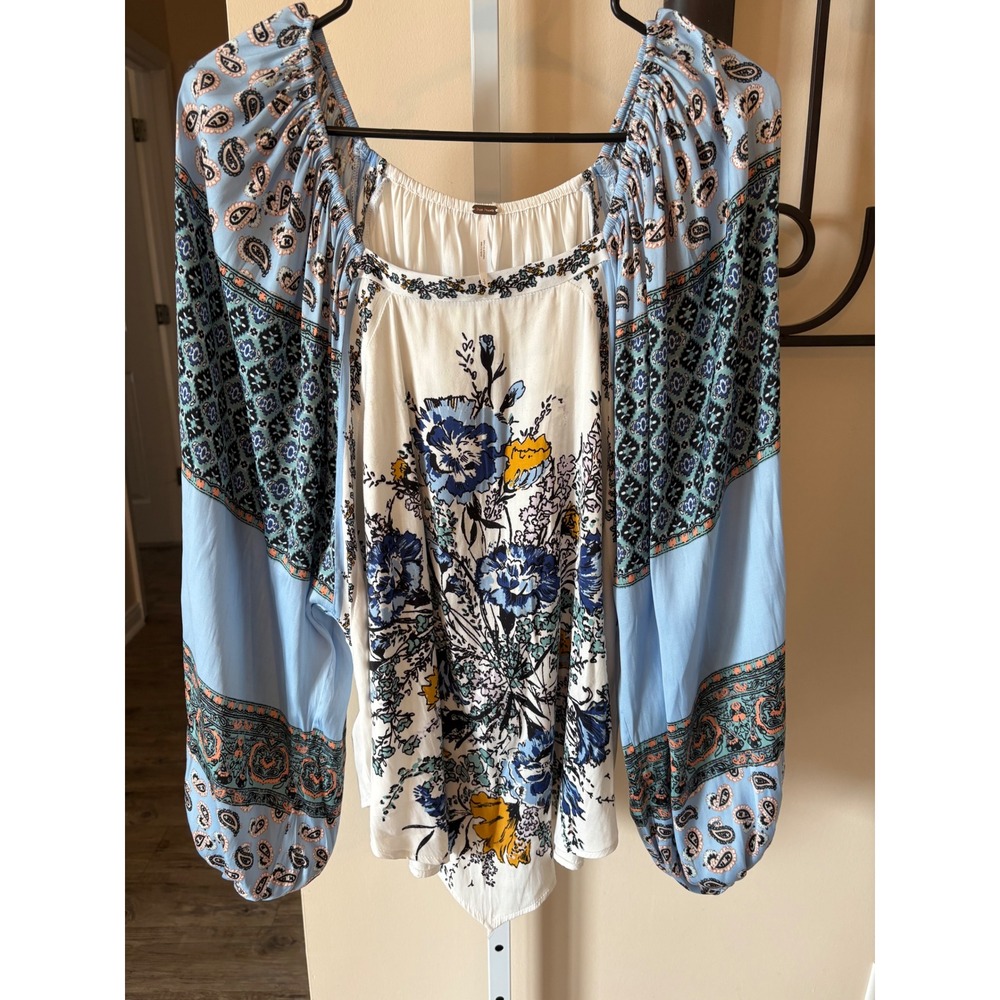 Free People Mixed Floral Paisley Print Boho Peasant Blouse Blue White Small